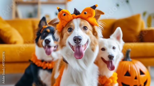 Adorable dogs wearing playful Halloween costumes pose together, with a Jack-o'-lantern nearby, creating a fun and festive scene.