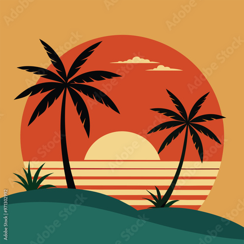 Sunset and coconut tree vector, coconut tree and sunset design.
