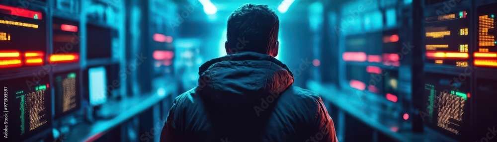 Obraz premium Shadowy detective cracking a code in a dimly lit underground hacker den, neon lights, gritty, tense, cyberpunk