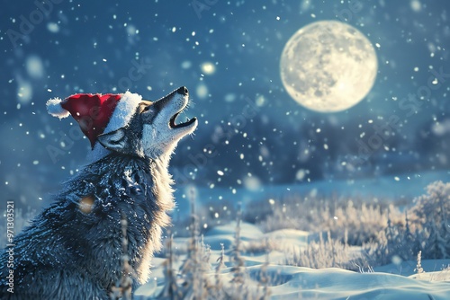 Enchanting 3D render of a wolf character wearing a Santa hat, howling at the moon with a snowy landscape in the background, created by ai