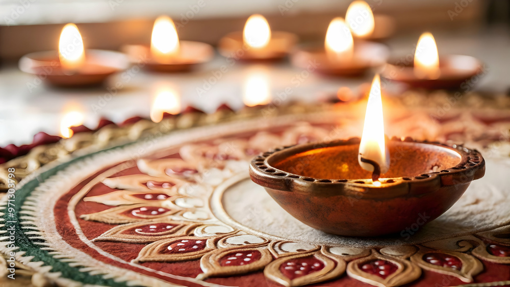 3D Diya Lamp and Rangoli Border with Copy Space Concept for Minimalist Designs 3D Diya Lamp and Rangoli Border with Copy Space Concept for Minimalist Designs