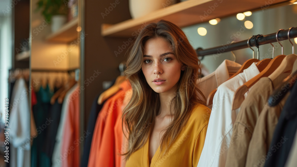A fashionable young woman with long hair poses confidently in a chic clothing store, standing next to beautifully arranged racks of diverse, vibrant apparel, exuding elegance. A fashionable young woman with long hair poses confidently in a chic clothing store, standing next to beautifully arranged racks of diverse, vibrant apparel, exuding elegance.