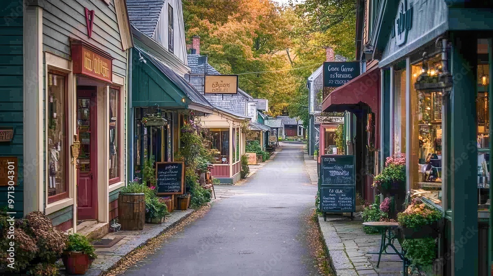 Obraz premium Cozy Street Scene with Shops, Restaurants, and Urban Greenery