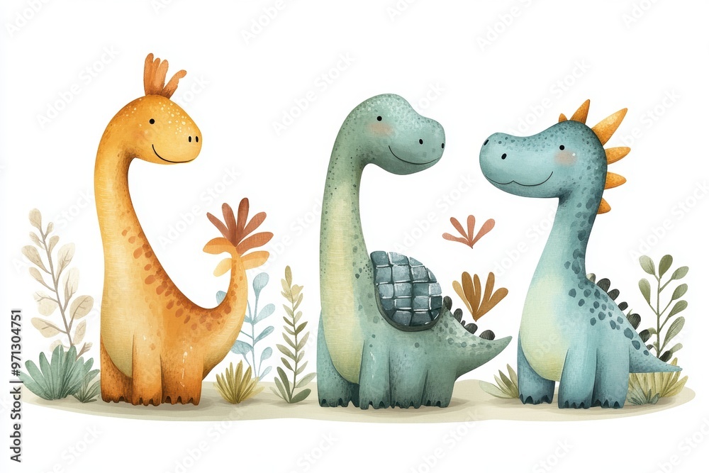 Naklejka premium Cute Dinosaurs Watercolor Illustration