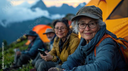 This photo shows a group of older women wearing eyeglasses and outdoor gear, sitting at a mountain campsite with orange tents behind them, enjoying a serene and adventurous moment.