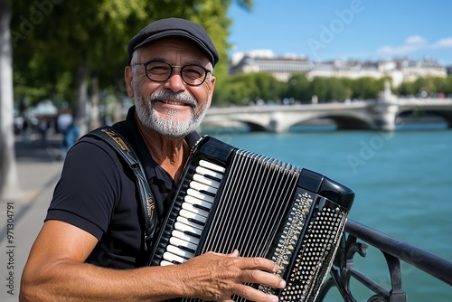 A street musician playing an accordion near the RhÃ´ne River, filling the air with traditional French melodies photo