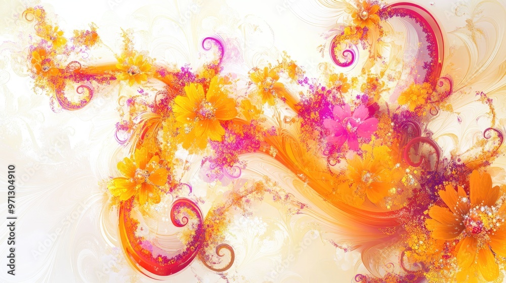 Abstract swirls of flowers in yellow, orange, and pink, creating a vibrant, intricate design on a clean white background Abstract swirls of flowers in yellow, orange, and pink, creating a vibrant, intricate design on a clean white background