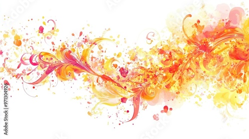 Artistic abstract design featuring intricate floral swirls in yellow, orange, and pink, set against a clean white background