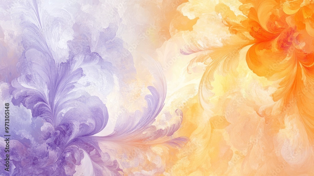 Beautiful floral swirls in light purple, orange, and yellow, with intricate details and soft watercolor textures for a vibrant, dreamy abstract effect Beautiful floral swirls in light purple, orange, and yellow, with intricate details and soft watercolor textures for a vibrant, dreamy abstract effect