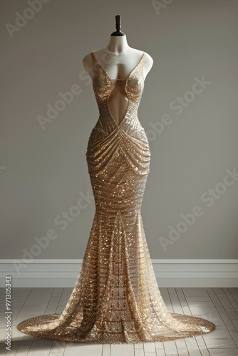 Luxe 3D render of a gold sequin party dress on a mannequin, created by ai