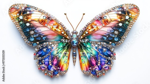 Big butterfly with ornate wings decorated with shimmering diamonds and beautiful jewels, captured in a vibrant close-up on a white background