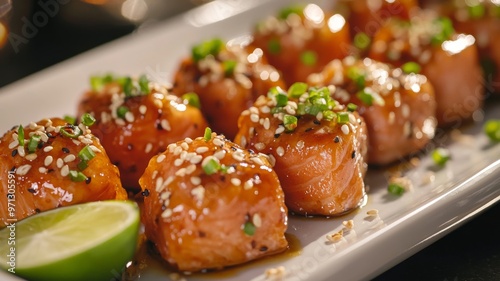 Platter of hot honey salmon bites, glistening with spicy honey glaze, topped with sesame seeds and paired with a fresh lime wedge, arranged elegantly. Food photography.