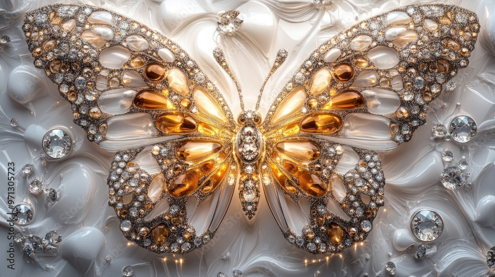 Close-up of a butterfly with wings adorned in radiant diamonds and intricate jewels, set in an abstract, luxurious design on a white background