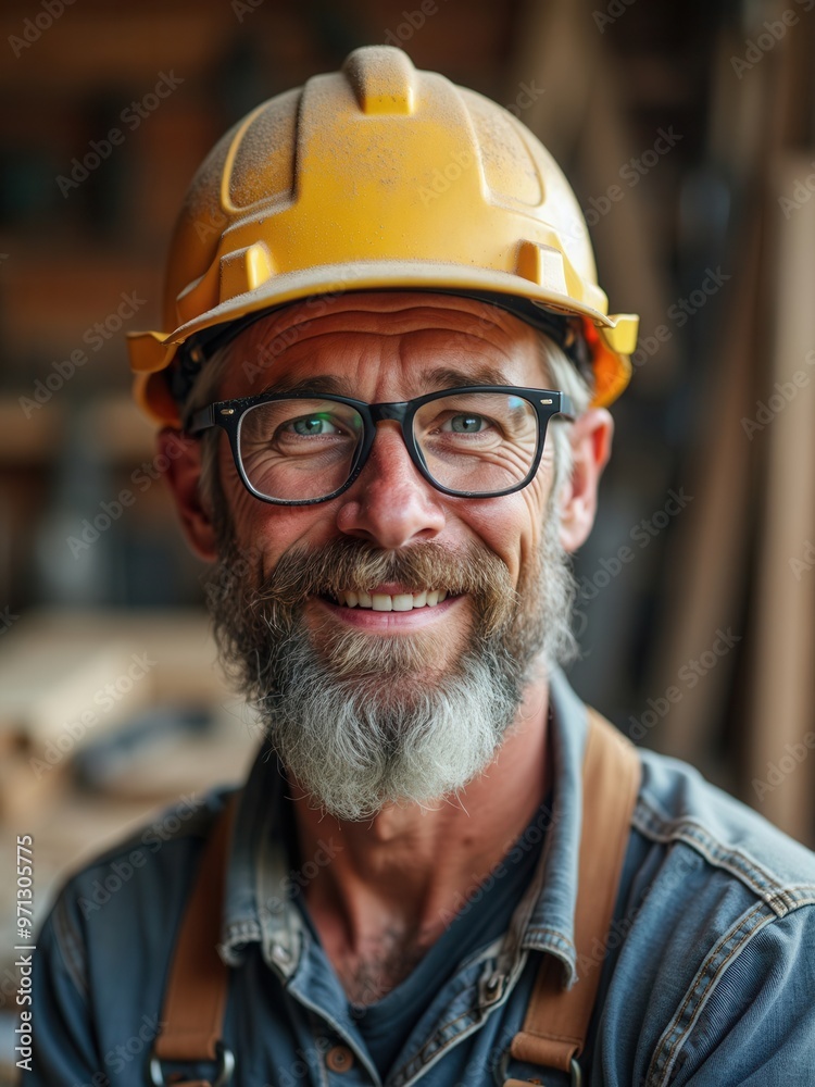 A skilled carpenter with a full beard smiles warmly while wearing a yellow hard hat and glasses. The workshop background features various tools and wood materials, showcasing a vibrant and productive A skilled carpenter with a full beard smiles warmly while wearing a yellow hard hat and glasses. The workshop background features various tools and wood materials, showcasing a vibrant and productive