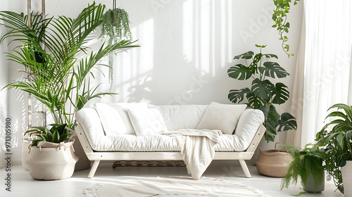 A bright, modern living room with a minimalist white sofa and lush green plants. The clean lines and fresh greenery make for a calm, elegant interior