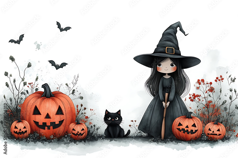 A beautiful witch wearing a black magic hat stands with a broom, while a black cat sits at her feet. Carved Halloween pumpkins are placed on the ground, creating a festive scene A beautiful witch wearing a black magic hat stands with a broom, while a black cat sits at her feet. Carved Halloween pumpkins are placed on the ground, creating a festive scene