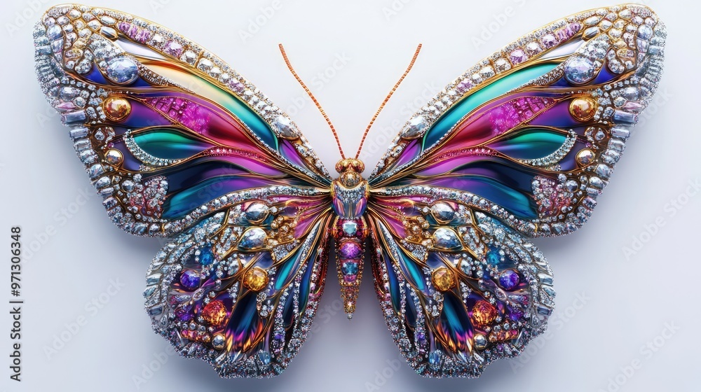Abstract close-up of a vibrant butterfly with wings adorned in sparkling diamonds and intricate jewelry designs, set against a white background Abstract close-up of a vibrant butterfly with wings adorned in sparkling diamonds and intricate jewelry designs, set against a white background