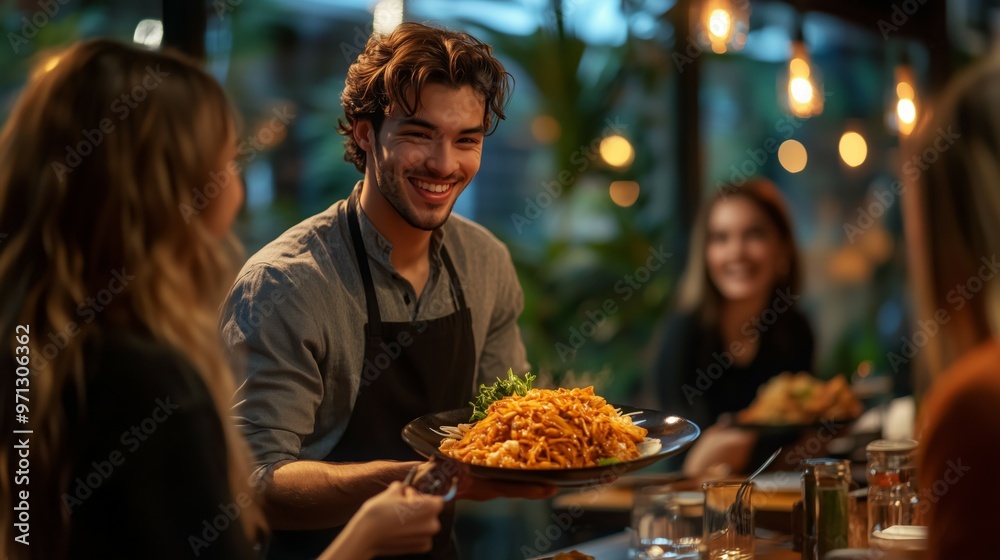 Happy Waiter Serving Delicious Asian Food to Customer in Restaurant Happy Waiter Serving Delicious Asian Food to Customer in Restaurant