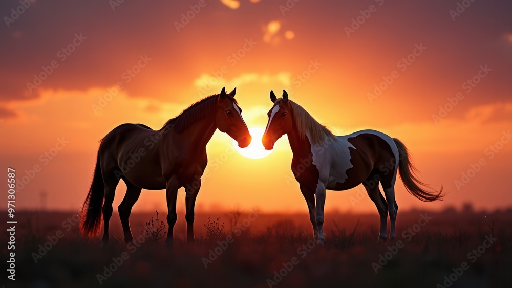 A pair of horses stand closely in an open field, with a brilliantly colorful sunset behind them, casting a beautiful and serene glow that highlights the peacefulness of the moment. A pair of horses stand closely in an open field, with a brilliantly colorful sunset behind them, casting a beautiful and serene glow that highlights the peacefulness of the moment.