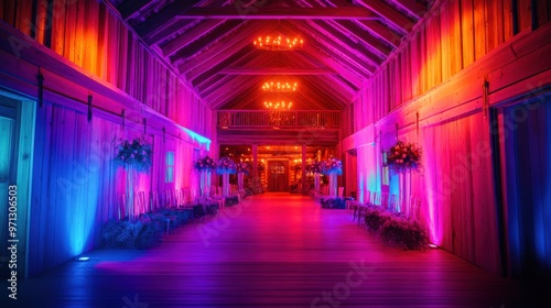 Vibrant Night Scene: Colorful Lighting Illuminates Modern Interior Space.