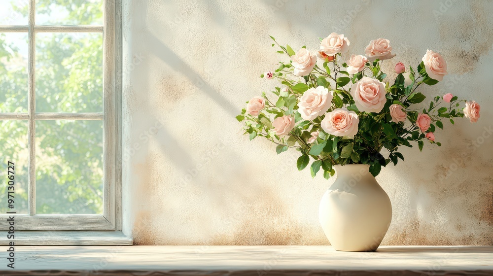 A serene arrangement of pink roses in a white vase, beautifully illuminated by natural light streaming through a window. A serene arrangement of pink roses in a white vase, beautifully illuminated by natural light streaming through a window.