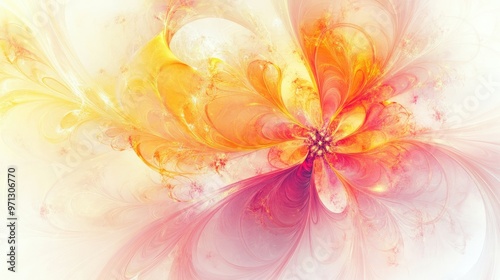 Abstract swirling floral design in shades of yellow, orange, and pink, with intricate details creating a vibrant look on a white background