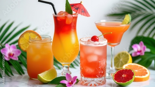 A colorful array of cocktails served in different stylish glasses, each adorned with garnishes like cherries, lime wedges, and umbrella, set against a tropically themed background with orchids and pal photo