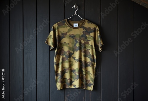 Camouflage T-Shirt Hanging on Black Wooden Wall photo