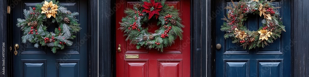 Christmas Wreaths: Traditional and modern wreath designs with lush greenery, berries, and festive ribbons adorning doors Christmas Wreaths: Traditional and modern wreath designs with lush greenery, berries, and festive ribbons adorning doors