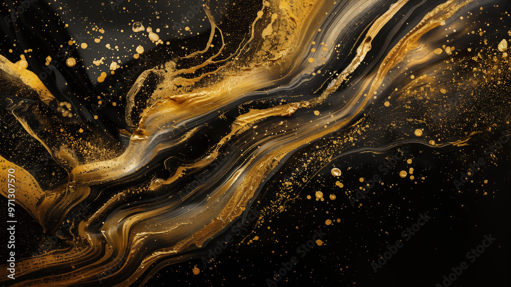 A close-up background of liquid gold and black paint on canvas. Abstract banner with fluid lines and luxurious textures.