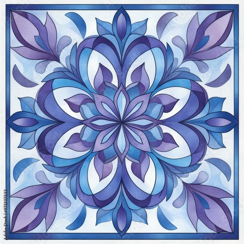 Abstract Floral Tile Pattern in Blue and Purple Hues