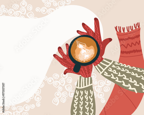 Gloved hands holding a cup with hot drink, coffee, chocolate, latte, cappuccino, cocoa, mulled wine. Warm knitted sweater and scarf. Winter weather, snow. Vector hand drawn illustration.