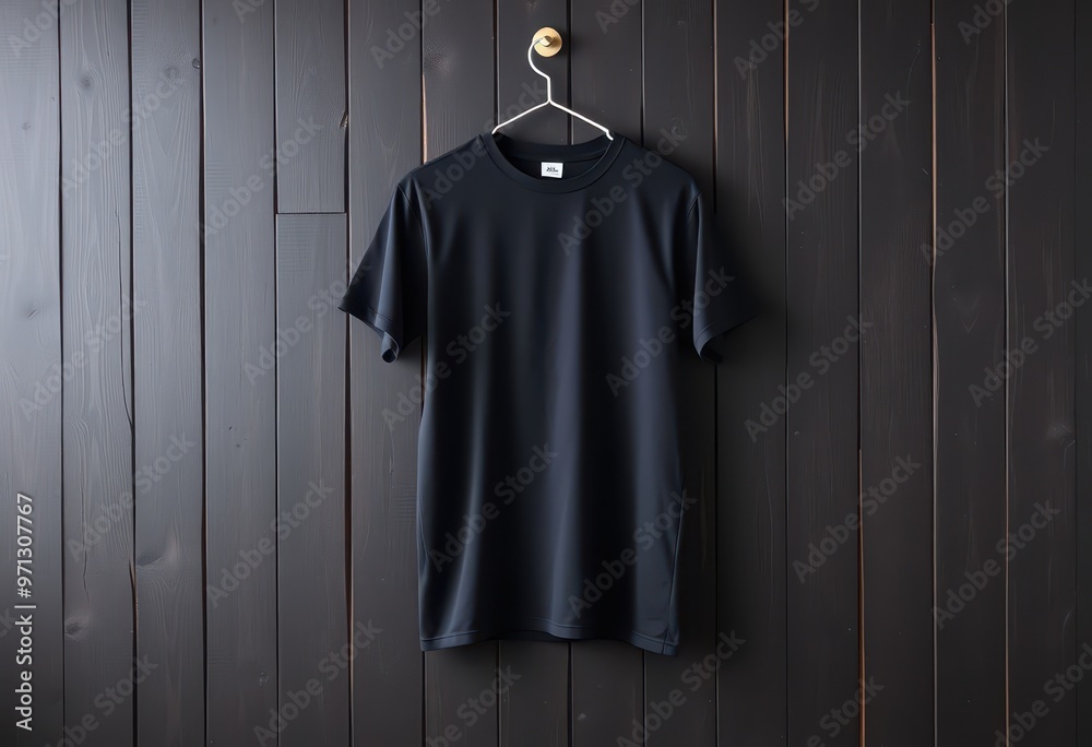 Black T-Shirt Hanging on a Wooden Wall Black T-Shirt Hanging on a Wooden Wall