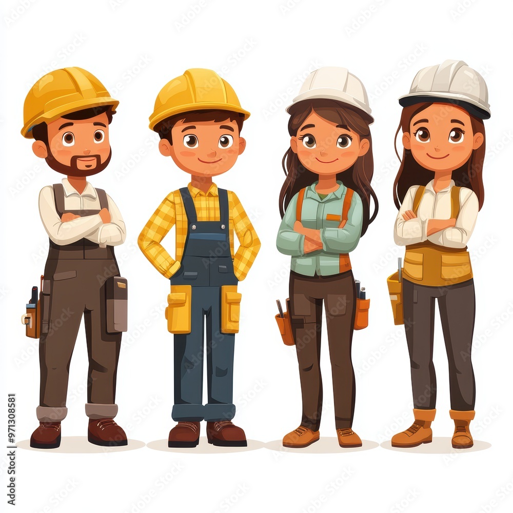 Group of four construction workers illustration Group of four construction workers illustration
