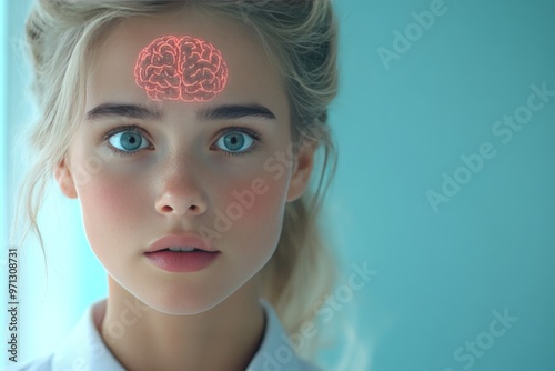 Neuroprosthetic cortical neurogenesis brain plasticity signals synaptic connectivity and brain pattern recognition woman with glowing neural network brain over a soft lighting background photo