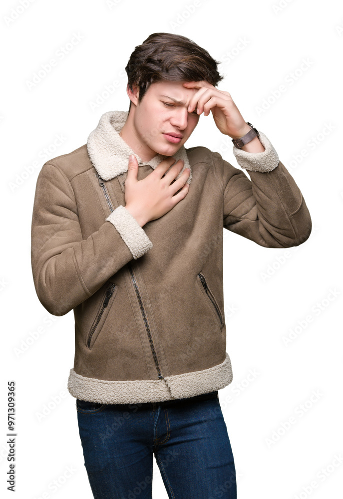 Young handsome man wearing winter coat over isolated background Touching forehead for illness and fever, flu and cold, virus sick Young handsome man wearing winter coat over isolated background Touching forehead for illness and fever, flu and cold, virus sick