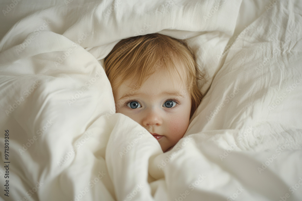 Baby is looking out under the white blanket.