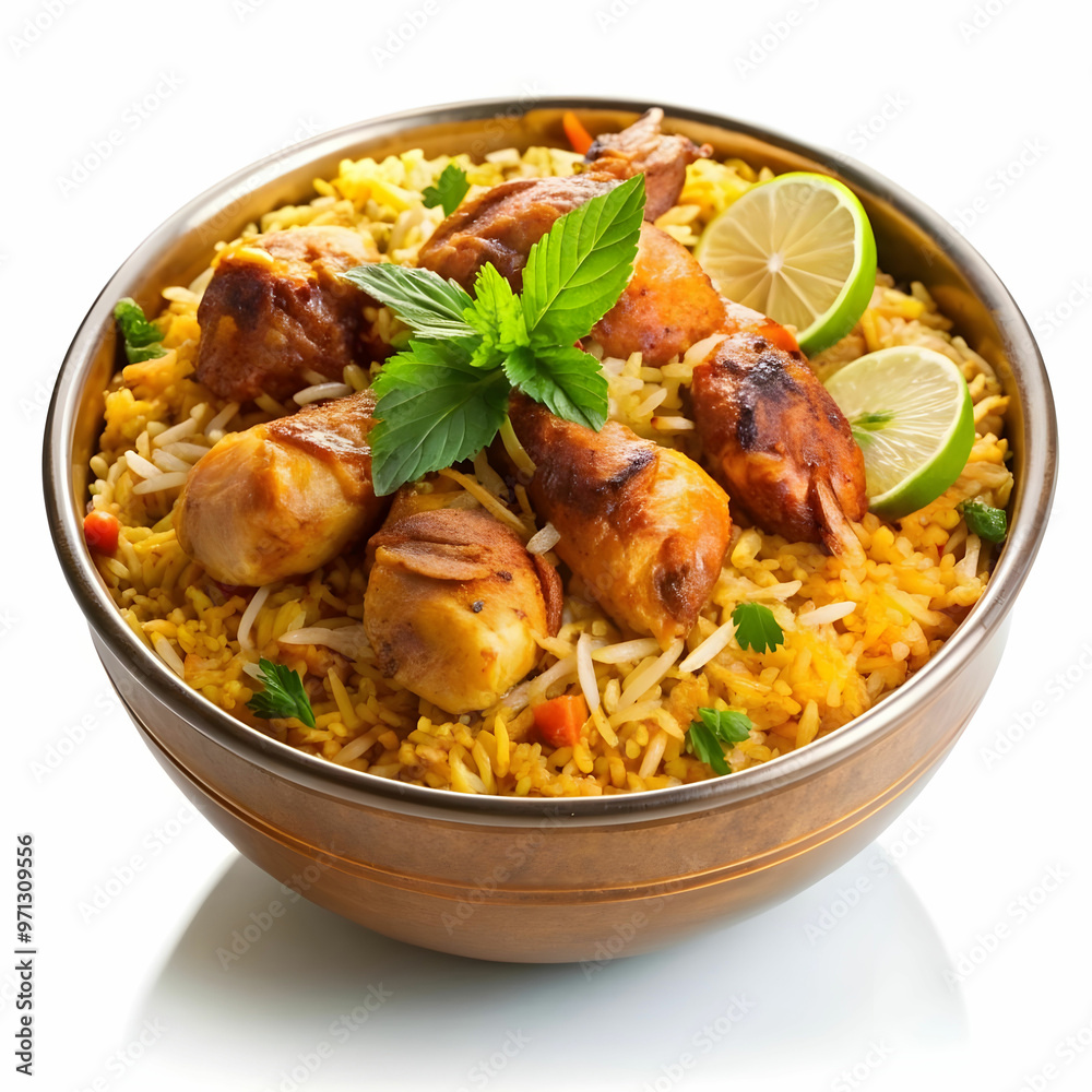 a bowl of biryani with chicken pieces on a transgay a bowl of biryani with chicken pieces on a transgay