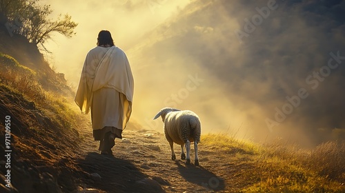 Wallpaper Mural A lone figure in a flowing robe walks up a hillside path, followed by a white sheep. The sun shines through clouds overhead, casting a golden glow on the scene. Torontodigital.ca