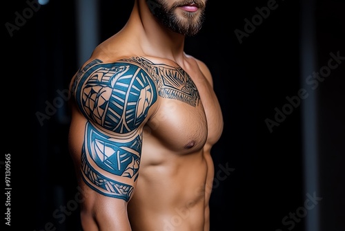 A tribal-inspired sleeve tattoo with bold black lines and patterns, representing strength and heritage photo