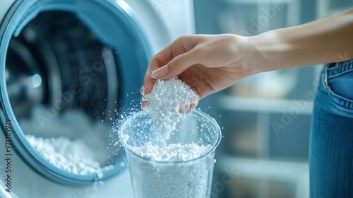 Woman pouring laundry detergent into washing machine during household chores in a modern laundry room