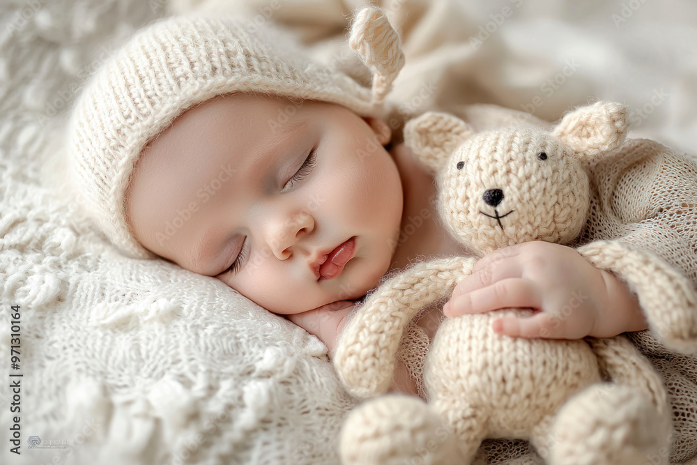 Beautiful newborn sleeping with knitted toys.