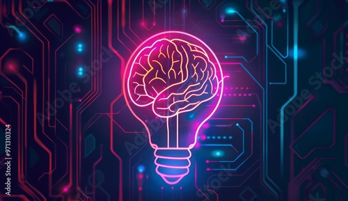  An icon featuring an illuminated light bulb with the outline of a human brain inside, set against a background with digital circuit patterns. The design symbolizes innovation and artificial intellige photo