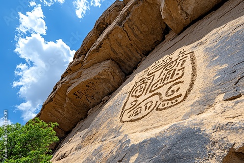 A weathered rock face with petroglyphs, ancient symbols and drawings etched into the stone by early civilizations photo