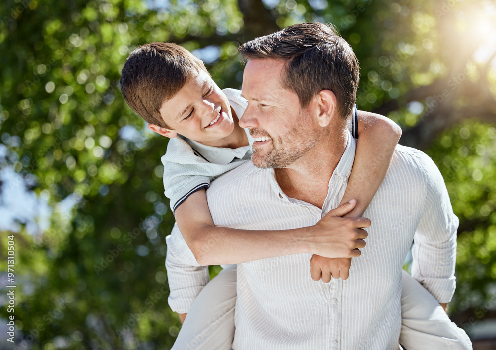Piggyback, happy and child with father in nature for bonding, travel and adventure on vacation. Outdoor, smile and boy kid with dad in park for playing together on holiday, getaway or weekend trip. Piggyback, happy and child with father in nature for bonding, travel and adventure on vacation. Outdoor, smile and boy kid with dad in park for playing together on holiday, getaway or weekend trip.