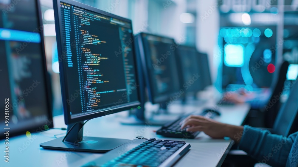 A focused software developer working on code in front of multiple monitors in a dimly lit office, representing programming, technology, and problem-solving. A focused software developer working on code in front of multiple monitors in a dimly lit office, representing programming, technology, and problem-solving.