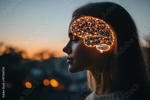 Synaptic connectivity connectome cortical encoding neuromodulation and brain networks woman’s side profile with glowing brain neural network illuminated by neuron bursts photo