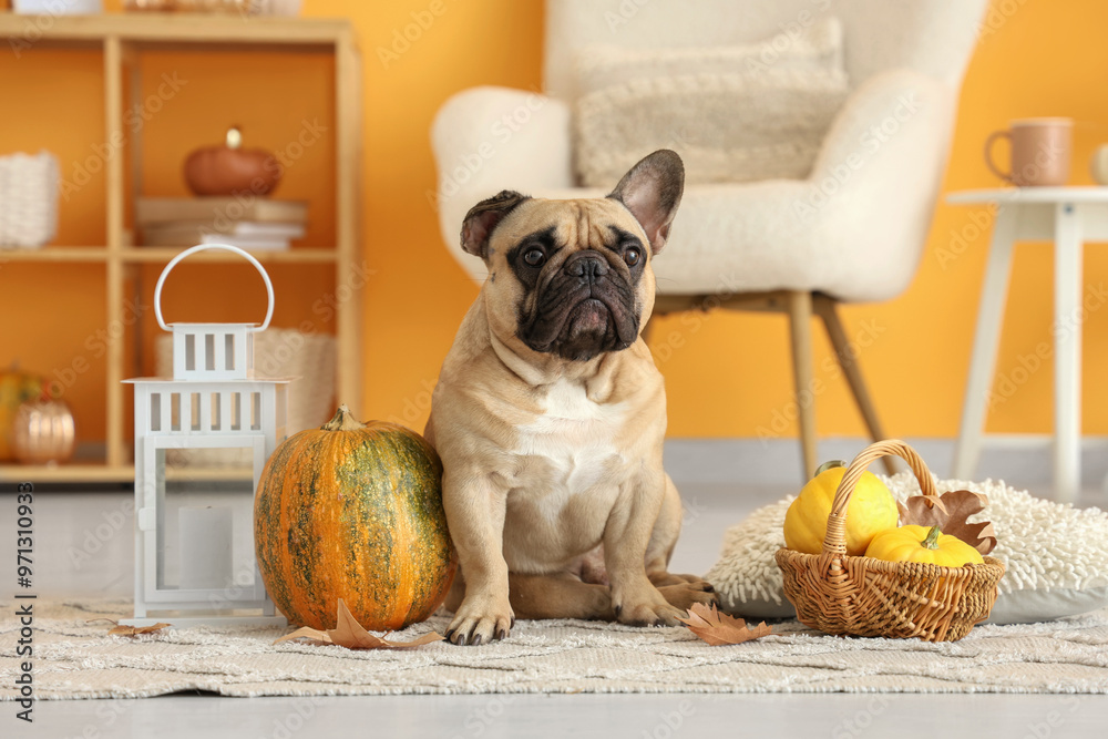 Φωτογραφία Cute French bulldog with pumpkins, autumn leaves and lantern sitting on floor at