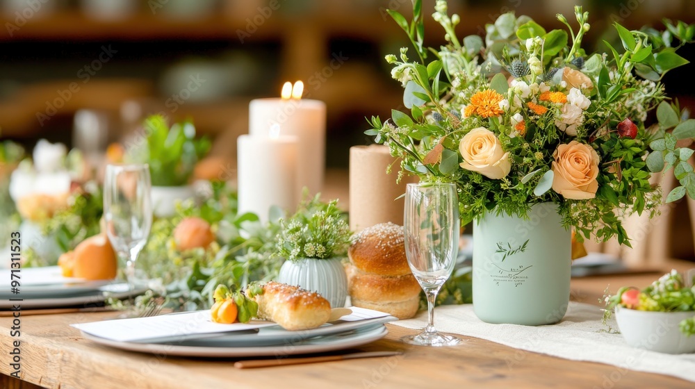 Elegant Dining Table Setting with Candlelight and Floral Arrangements Elegant Dining Table Setting with Candlelight and Floral Arrangements