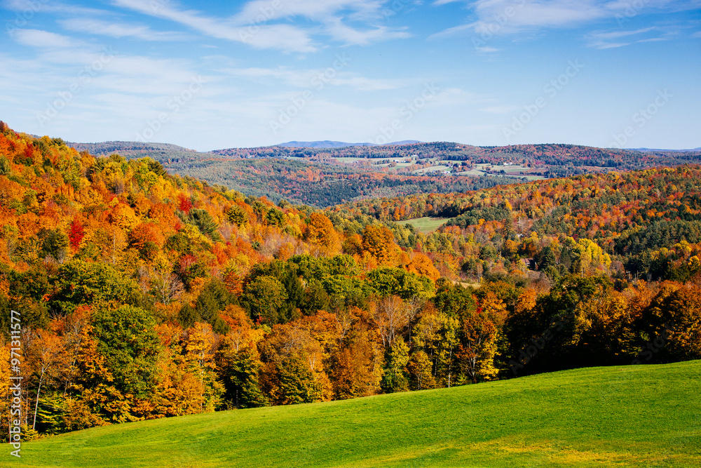 Fototapeta premium Autumn fall foliage leaves in the Vermont countryside. Colorful trees and forests in the changing seasons of New England.